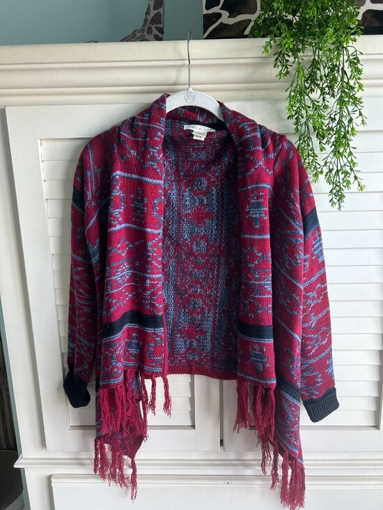 Belle Du Jour Sweaters - belle du jour Red and Blue Tribal Geometric Print Poncho Sweater with Fringe